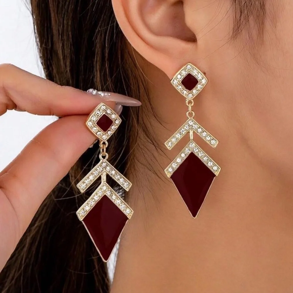 3/$22🩶 FLAWED Gold Dark Red Art Deco Earrings Geo Rhinestone Vintage Style